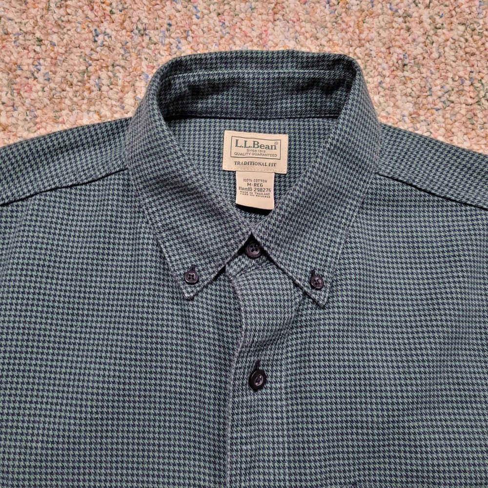 LL Bean Shirt Mens Medium Green Houndstooth Traditional Fit Button Down Outdoors - Picture 2 of 13